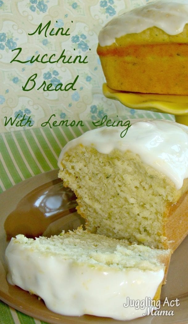 Lemon zucchini bread with lemon icing on a yellow pedestal