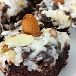 Close up image of an almond joy brownie bite.