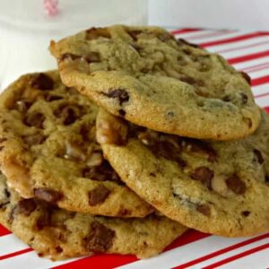 Close up image of chocolate chip toffee cookies.