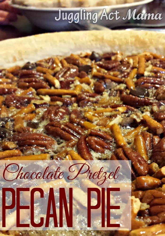 Delicious and unique Chocolate Pecan Pie with pretzels, maple syrup and of course pecans!