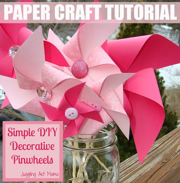 Pinwheels made with patterned pink paper in a glass mason jar. Simple DIY decorative pinwheels.