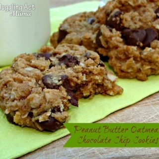 Image close up of chocolate chip peanut butter oatmeal cookies.
