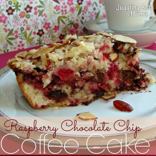 Raspberry Chocolate Chip Coffee Cake on a plate.