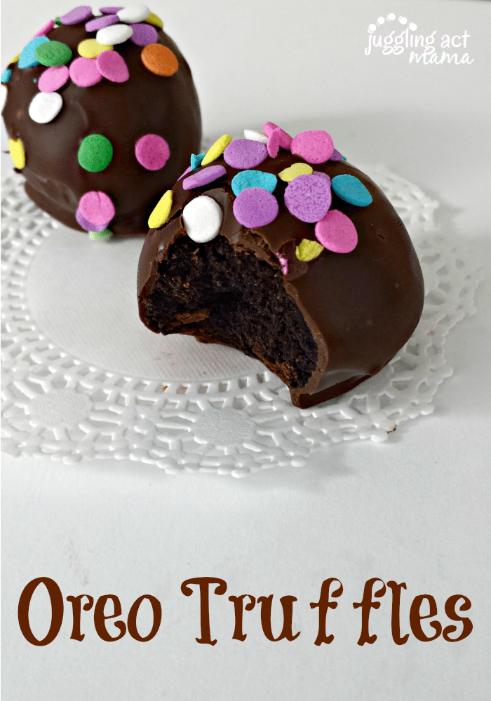 Oreo Truffles enrobed in decadent dark chocolate via Juggling Act Mama as seen on Miss Information.