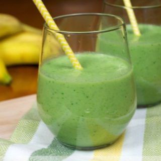Image contains two Easy Green Smoothies from Top Notch Mom as seen on Juggling Act Mama.