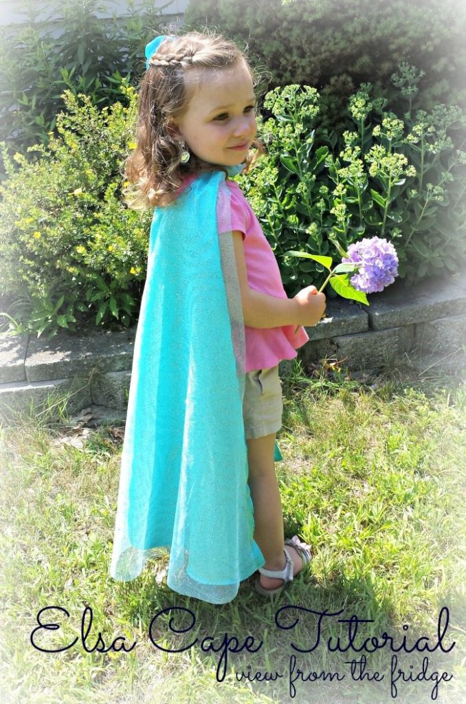 Little girl holding flowers while wearing an Elsa cape.