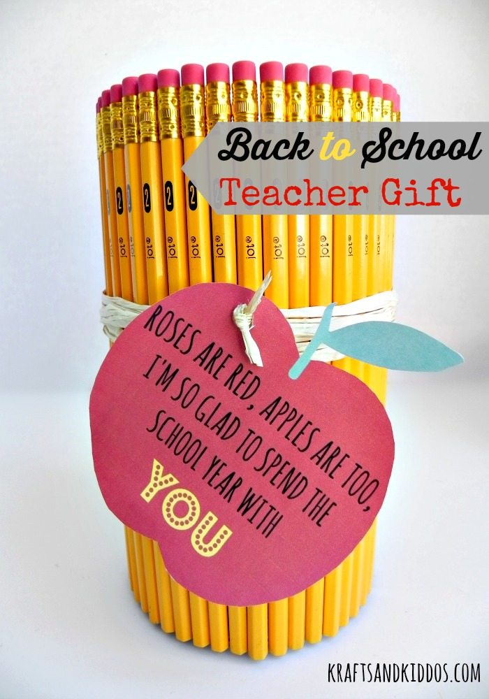 Pencil holder made of pencils with printable gift tag attached.