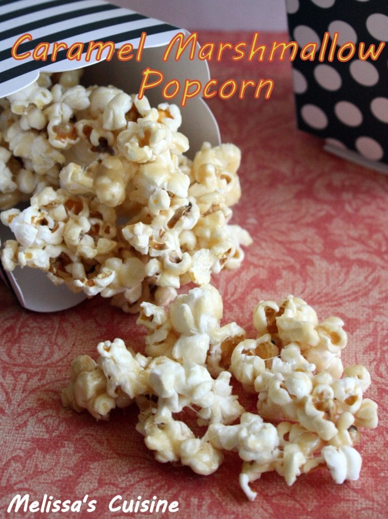 Close up of Caramel Marshmallow Popcorn with text overlay.
