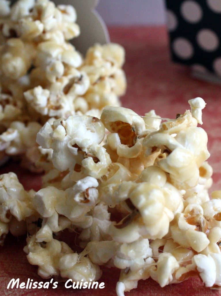 Close up of Caramel Marshmallow Popcorn with text overlay.