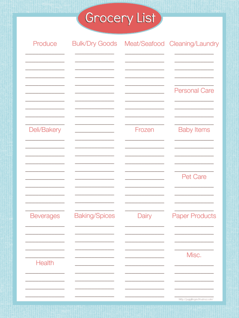 Grocery List Printable image.