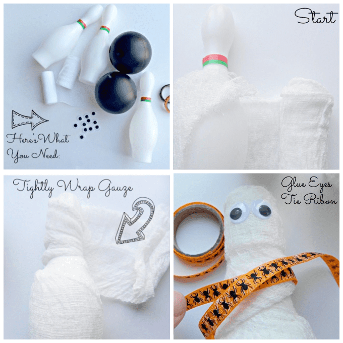 Collage image of how to make mummy bowling pins.