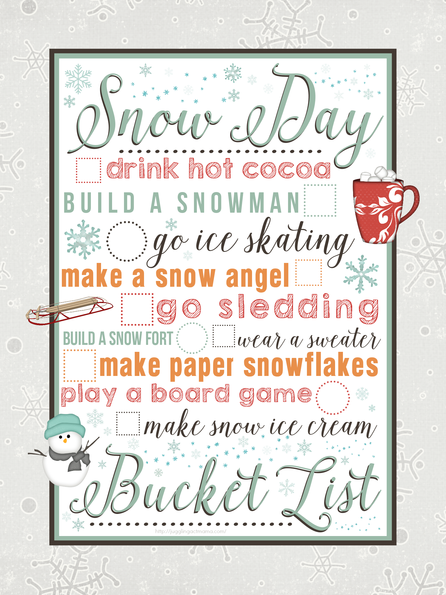 Snow Day Bucket List printable from Juggling Act Mama.