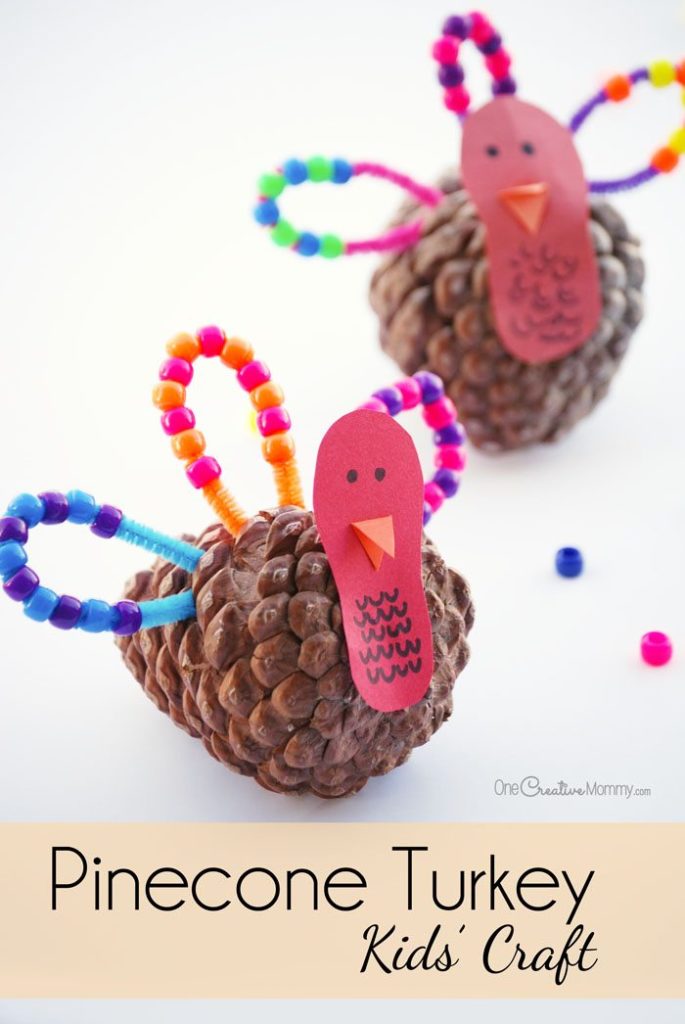 Quick and Easy Pinecone Turkey Craft for Kids {OneCreativeMommy.com} Great just for fun or for little ones working on patterns