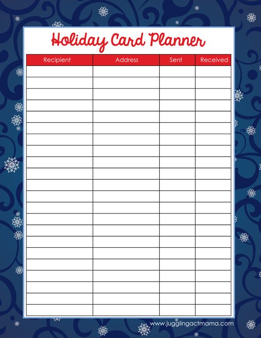 Holiday Card Planner printable.
