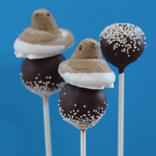 Close up image of three cocoa cookie pops topped with peeps.