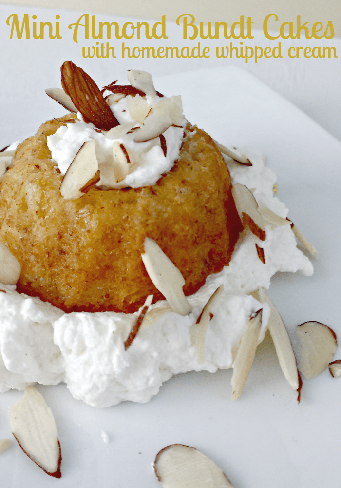 Close up image of Mini Almond Bundt Cakes with homemade almond whipped cream.