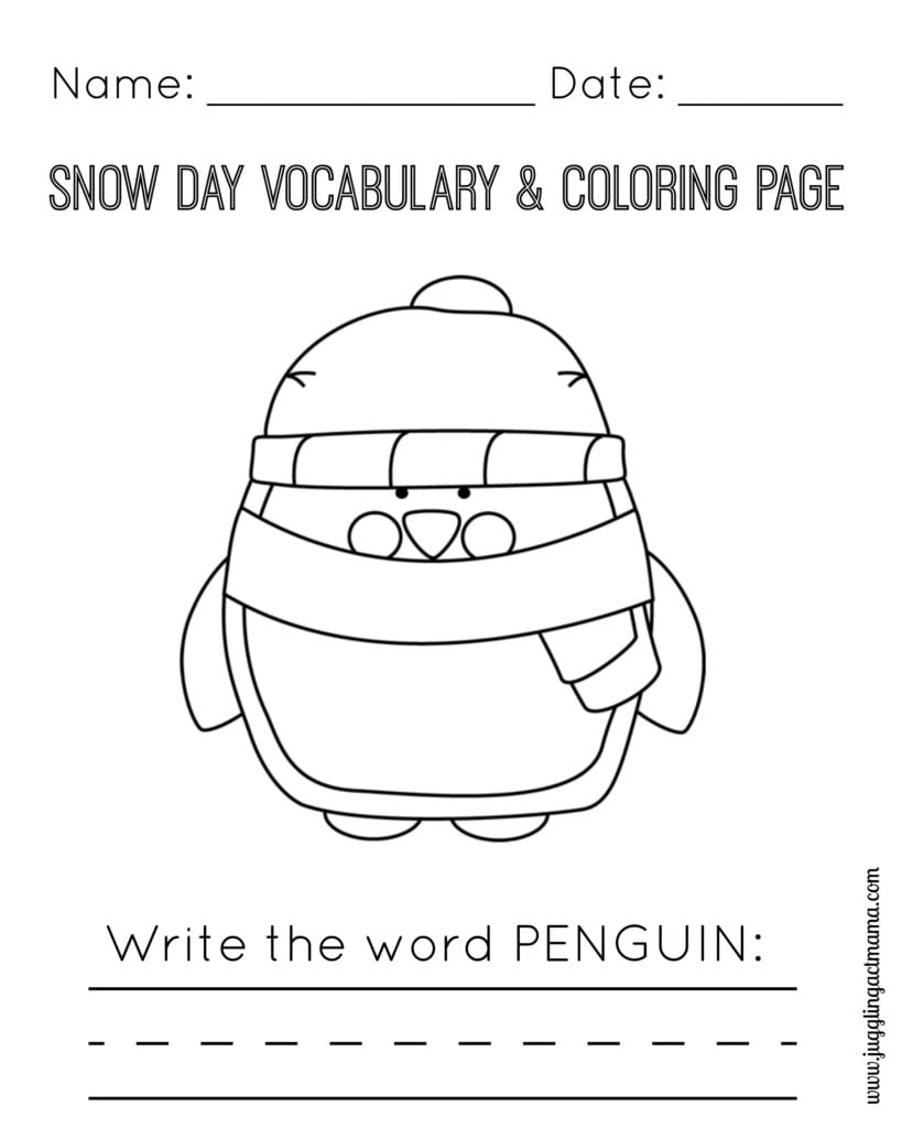 Snow Day Vocabulary and Coloring Page - Penguin