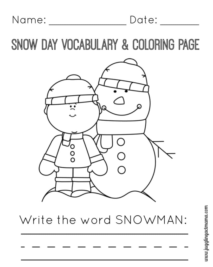 Snow Day Vocabulary and Coloring Page - Snowman and Boy
