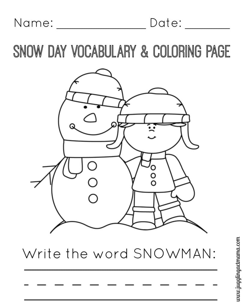 Snow Day Vocabulary and Coloring Page - Snowman and Girl