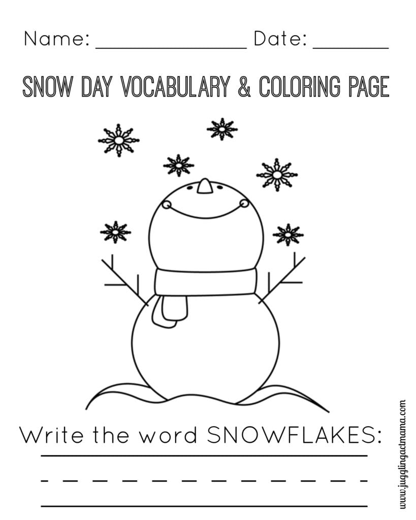 Snow Day Vocabulary and Coloring Page - Snowman and Snowflakes