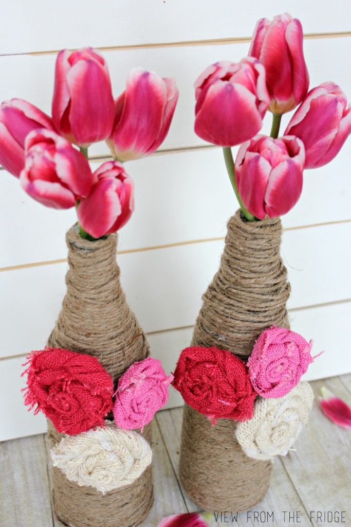 Twine Wrapped Bottle Vases with Burlap Rosettes | View From The Fridge via Juggling Act Mama