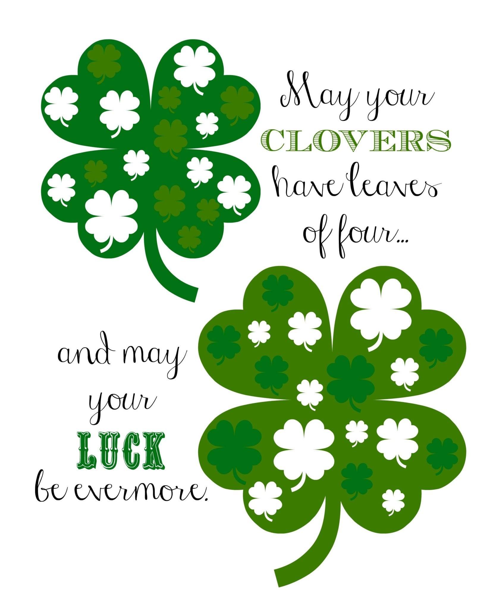 St. Patrick's Day Printable Poem with shamrocks reading "May your clovers have leaves of four and may your luck be evermore!"