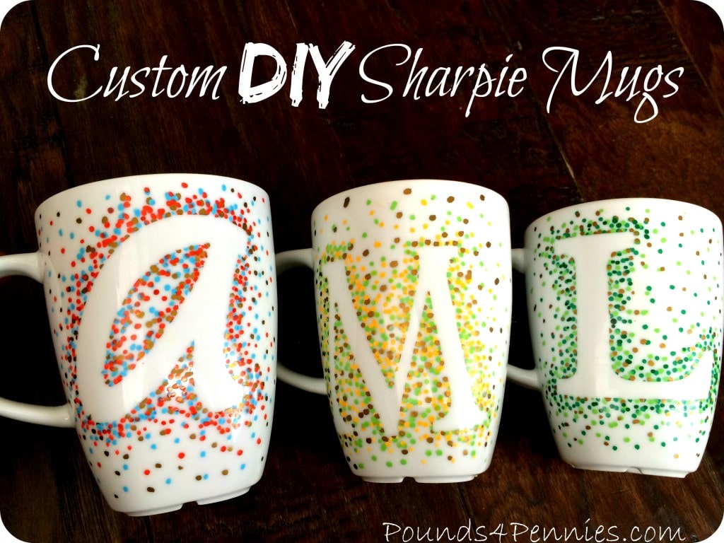 Custom DIY sharpie mugs with text overlay.