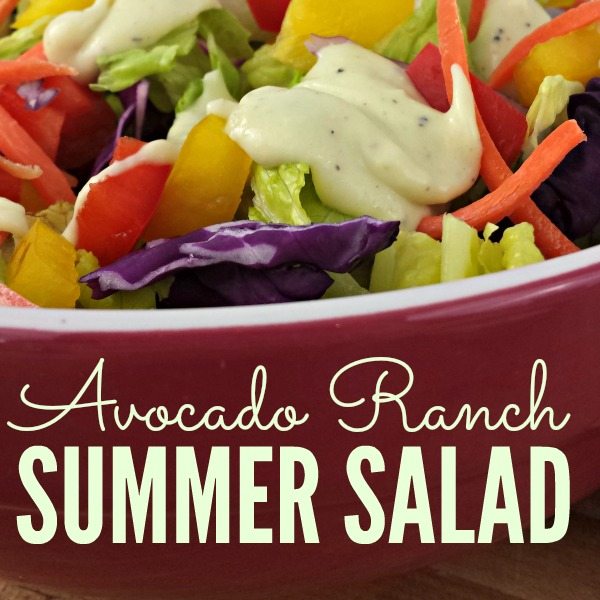 Avocado ranch summer salad image with text overlay.