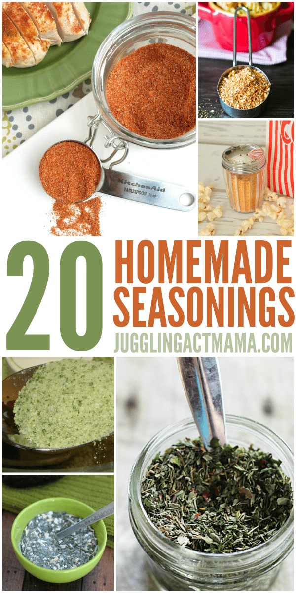 Collage of Homemade Seasoning Mixes with text that reads 20 Homemade Seasonings JugglingActMama.com.
