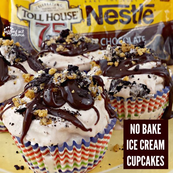 NO BAKE ICE CREAM CUPCAKES WITH PEANUT BUTTER FUDGE SWIRL