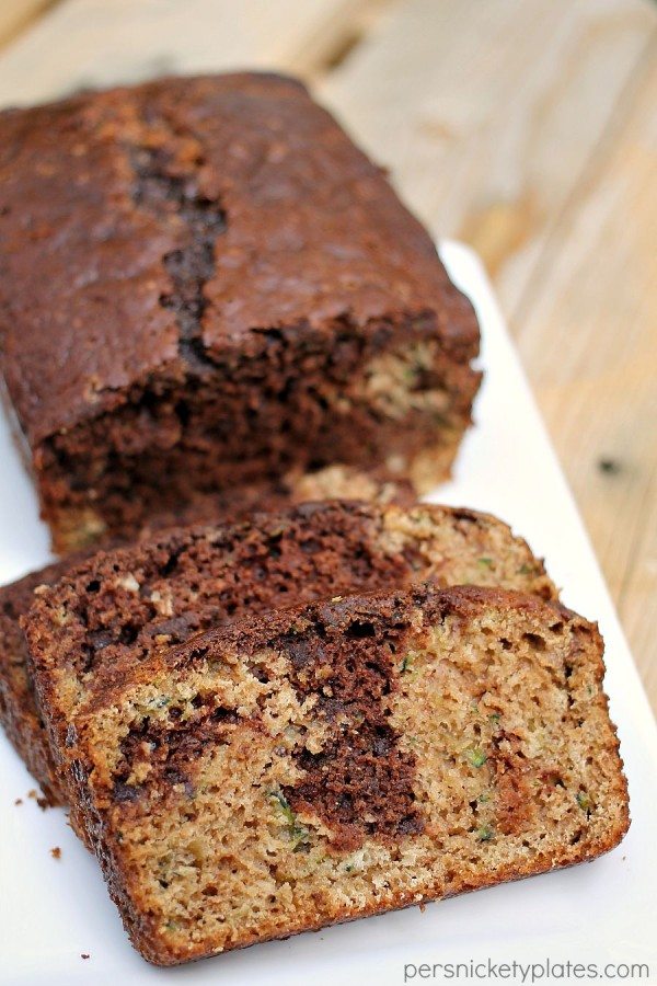 Classic zucchini bread gets an upgrade when you swirl in chocolate and chocolate chips! | Persnickety Plates
