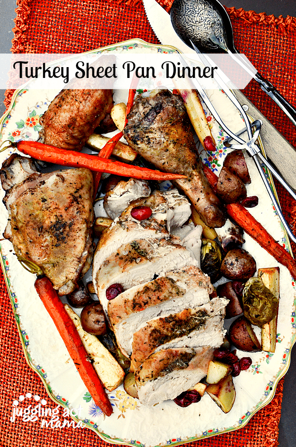 Platter filled with roasted turkey and vegetables.