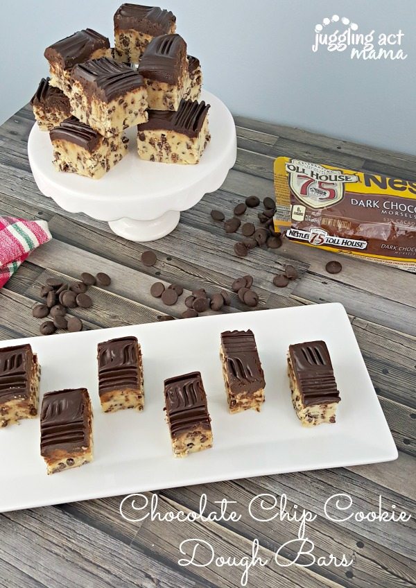 Chocolate Chip Cookie Dough Bars on serving trays with dark chocolate chips