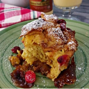 Close up of Cranberry Egg Nog French Toast on a plate.