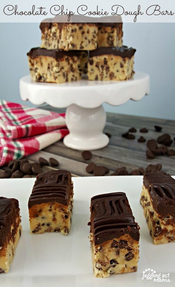 Chocolate Chip Cookie Dough Bars topped with chocolate ganache on a platter