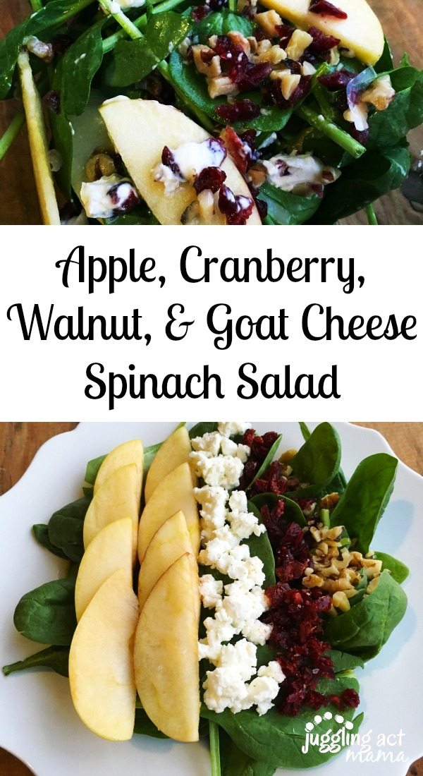Apple, Cranberry, Walnut, and Goat Cheese Spinach Salad long pin with text overlay.