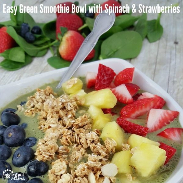 Easy Green Smoothie Bowl with spoon close up.