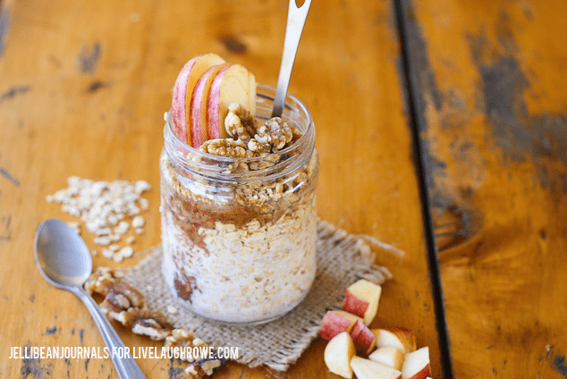 Caramel Apple Overnight Oats from Live Laugh Rowe in a mason jar on a burlap coaster. 