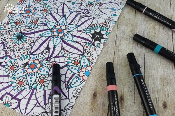 Adult Coloring page with markers.
