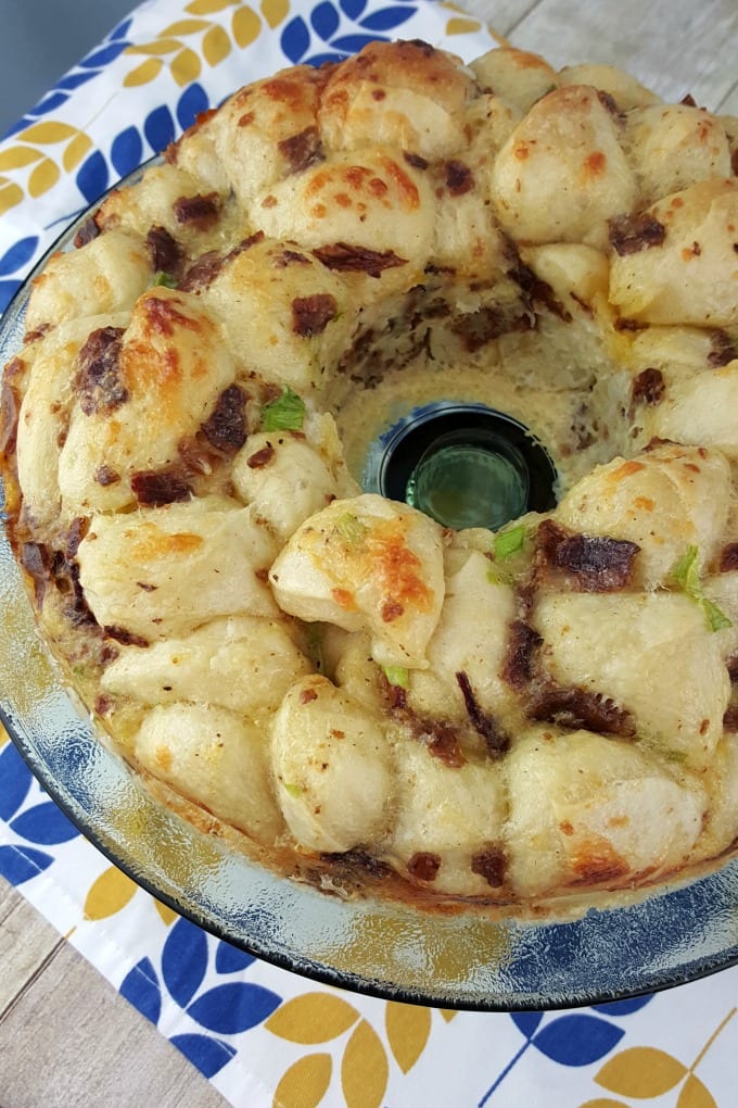 close up of Bundt Cake Breakfast (Bacon Egg and Cheese) on a serving tray