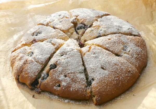 Blueberry scones on a white plate with powdered sugar on top.