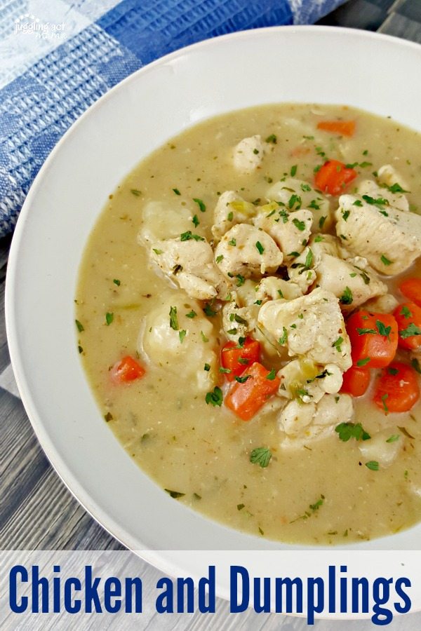 Chicken and Dumplings makes for a cozy romantic dinner - get the recipe at jugglingactmama.com