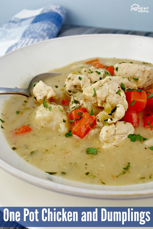 How to Make Chicken and Dumplings with Biscuits - close up of a bowl with a spoon.