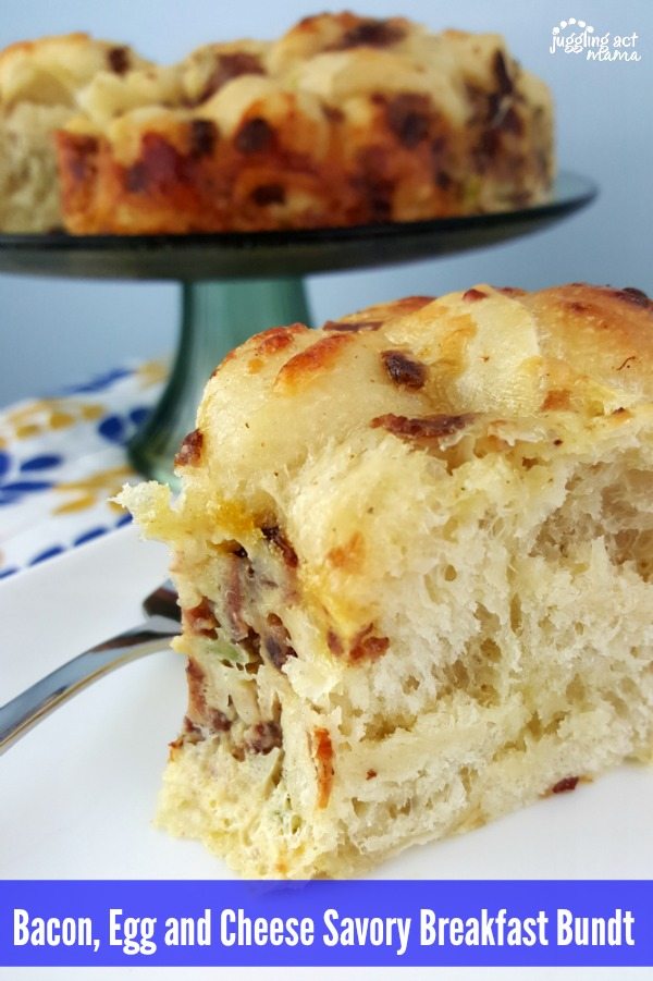 close up of Bundt Cake Breakfast (Bacon Egg and Cheese) on a white plate