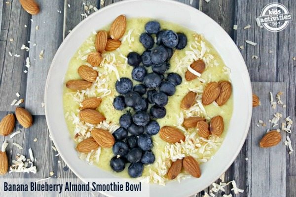 Top down view of Banana Smoothie Bowl with toasted coconut.