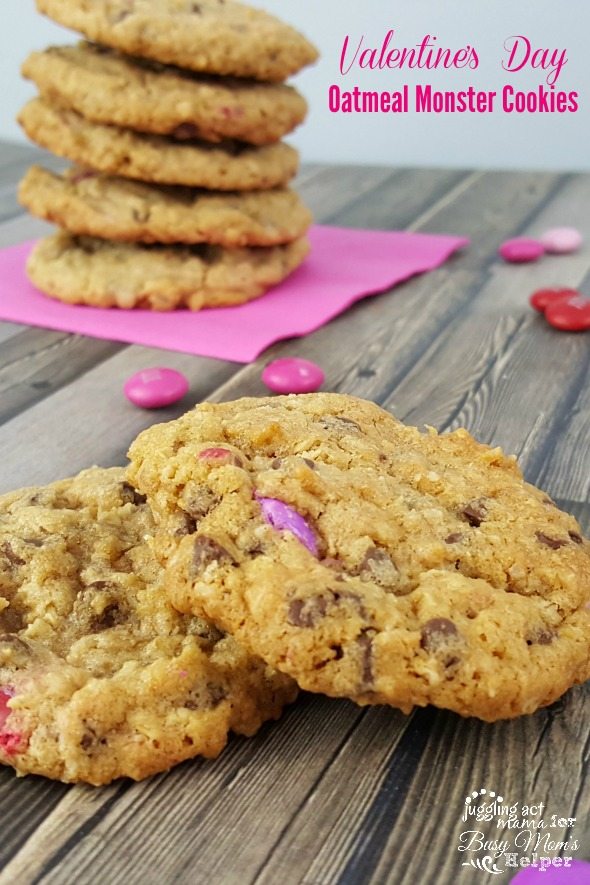 Monster Cookies Recipe: oatmeal cookies on a countertop.