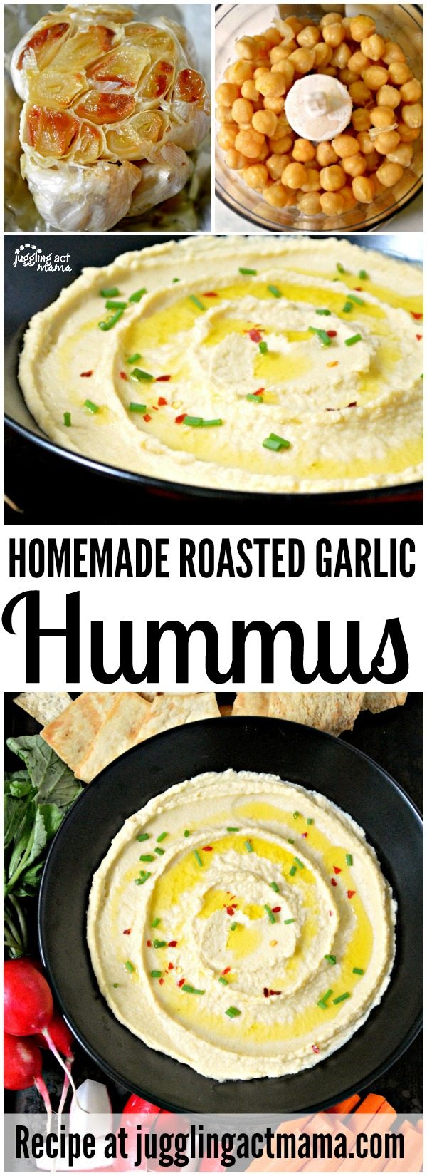 Roasted Garlic Hummus is a delicious and healthy appetizer and snack for parties, or even for school lunches! This recipe couldn’t be more simple – you’re going to love it!
