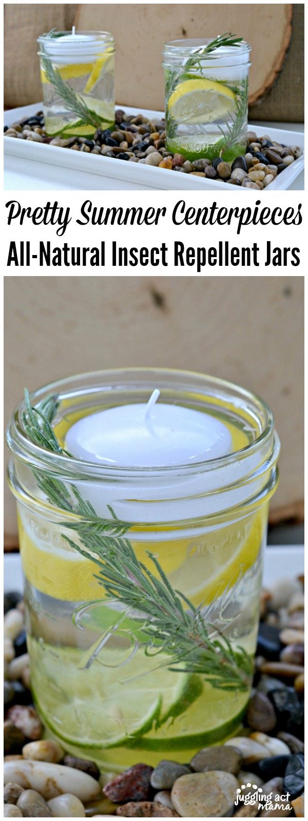Insect repellent jars with candles collage image with text overlay.