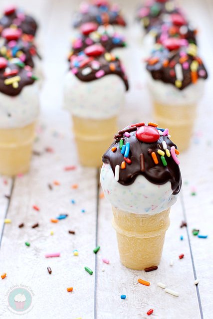 Cake Ball Ice Cream Cones with sprinkles.
