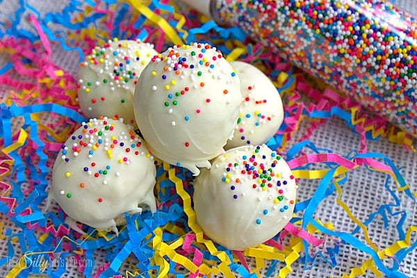 Birthday cake truffles with spinkles and confetti.